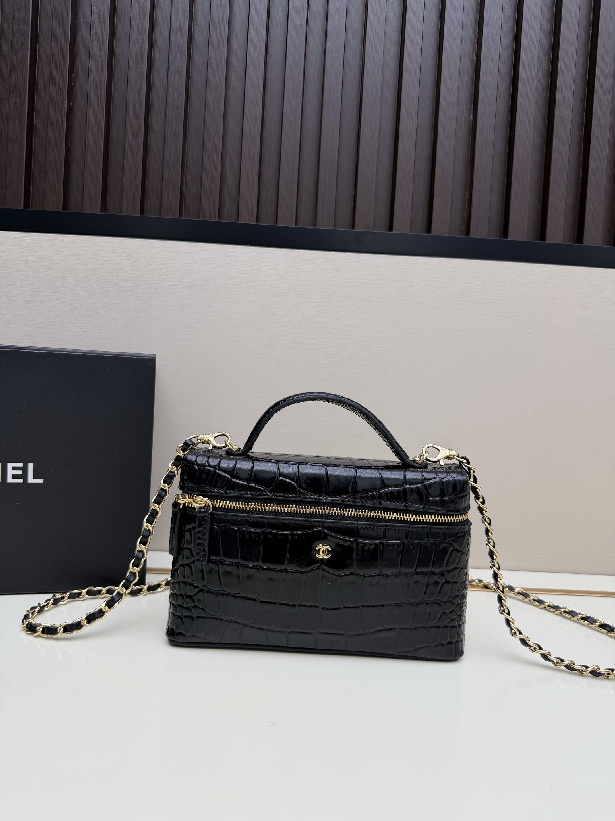 Chanel Vanity Case Bag in Black Crocodile-Embossed Leather with Gold Hardware