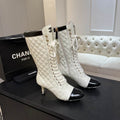 Chanel White Quilted Lace-Up Boots with Black Cap Toes