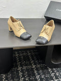 Chanel Two-Tone Beige Calfskin Lace-Up Oxford Heels