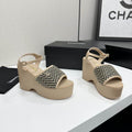 Chanel Beige Platform Wedge Sandals with Woven Straps