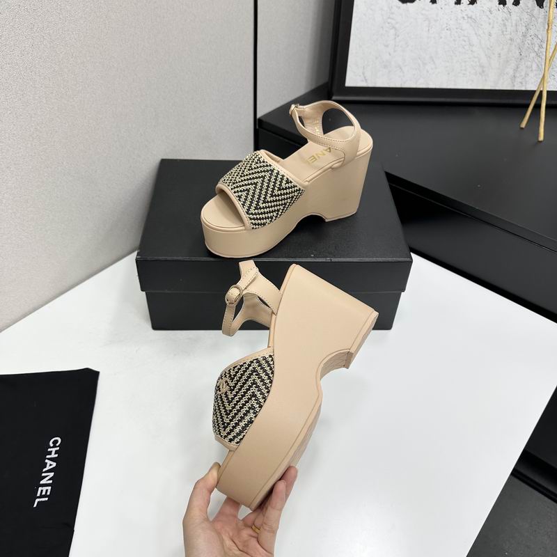 Chanel Beige Platform Wedge Sandals with Woven Straps