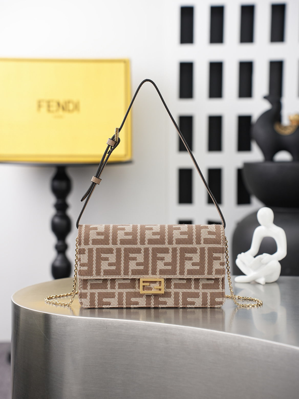 Fendi FF Monogram Chain Shoulder Bag – Beige