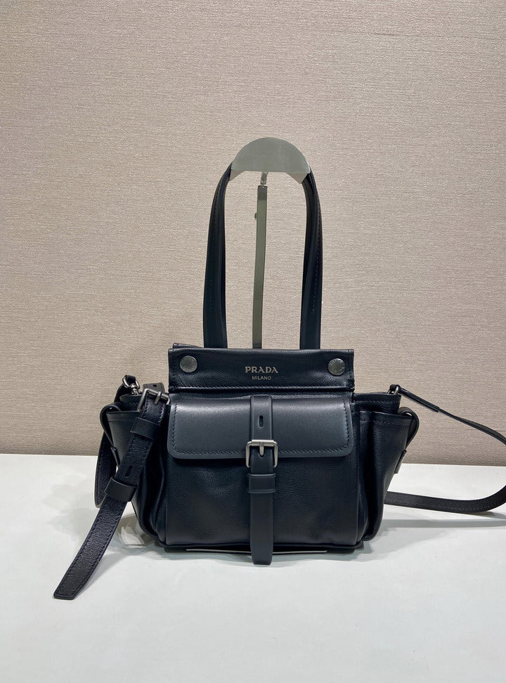 Prada Pocket Small Leather Handbag in Black