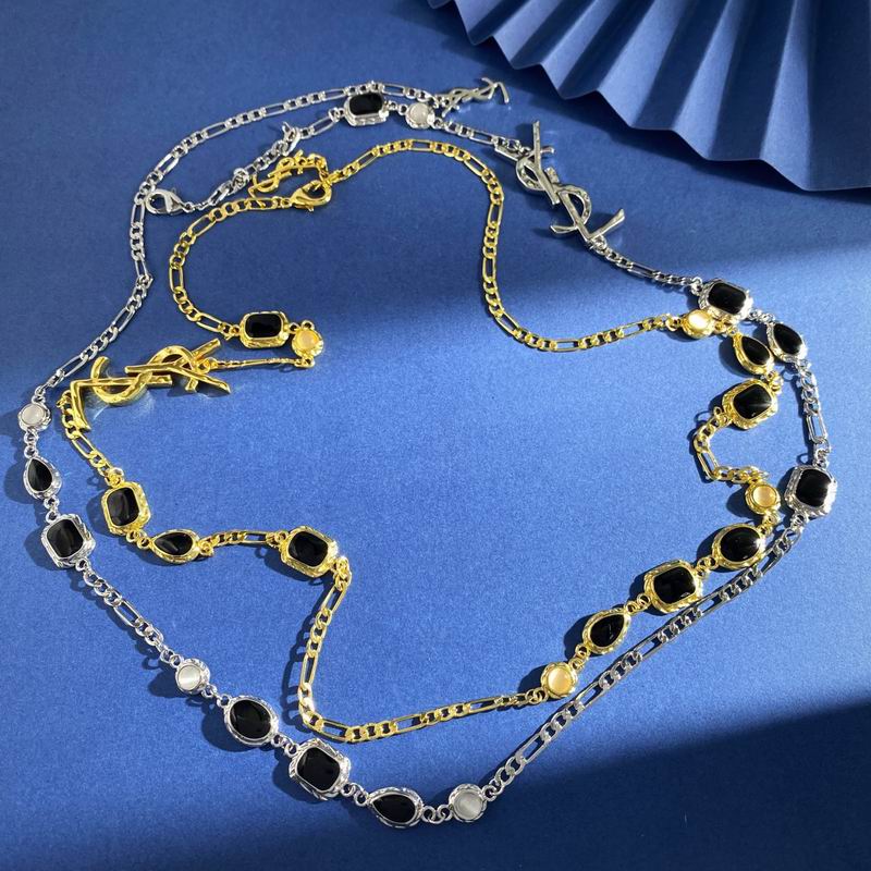 Saint Laurent YSL Layered Gold & Silver Long Chain Necklace Set with Black Stones