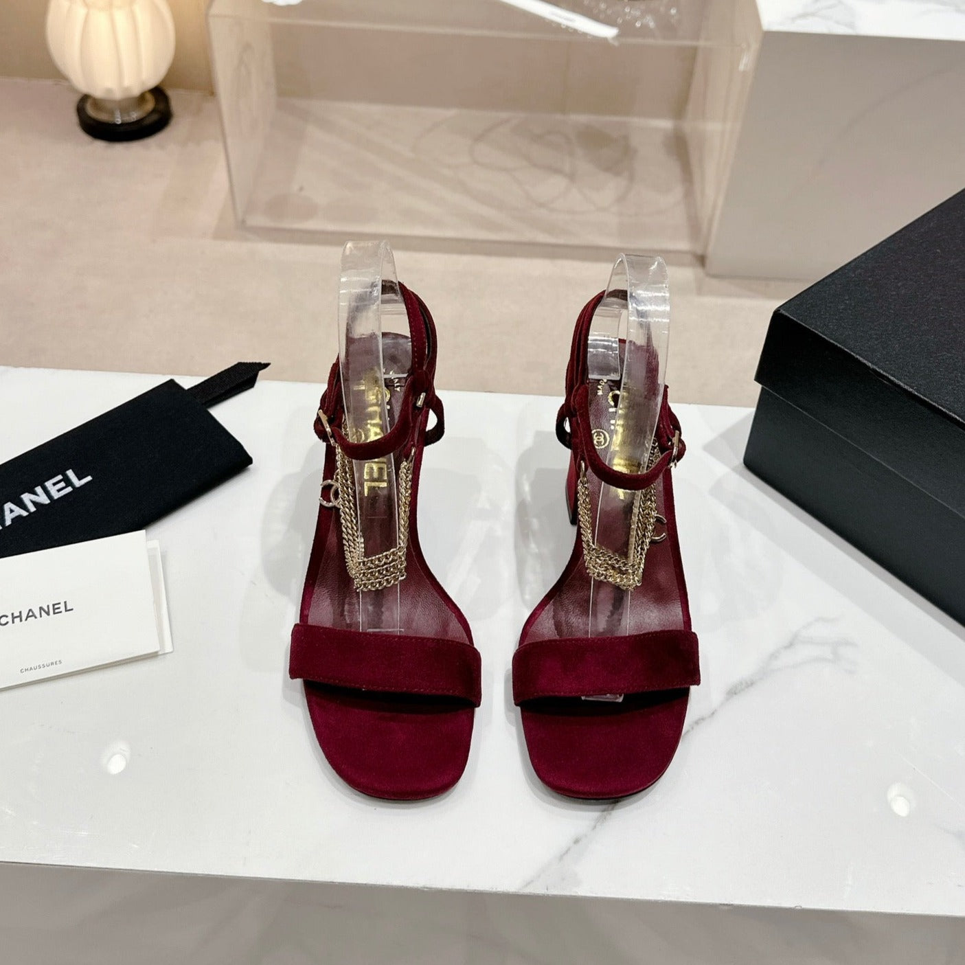 CHANEL Double C Leather High Heel Sandals Red Cherry