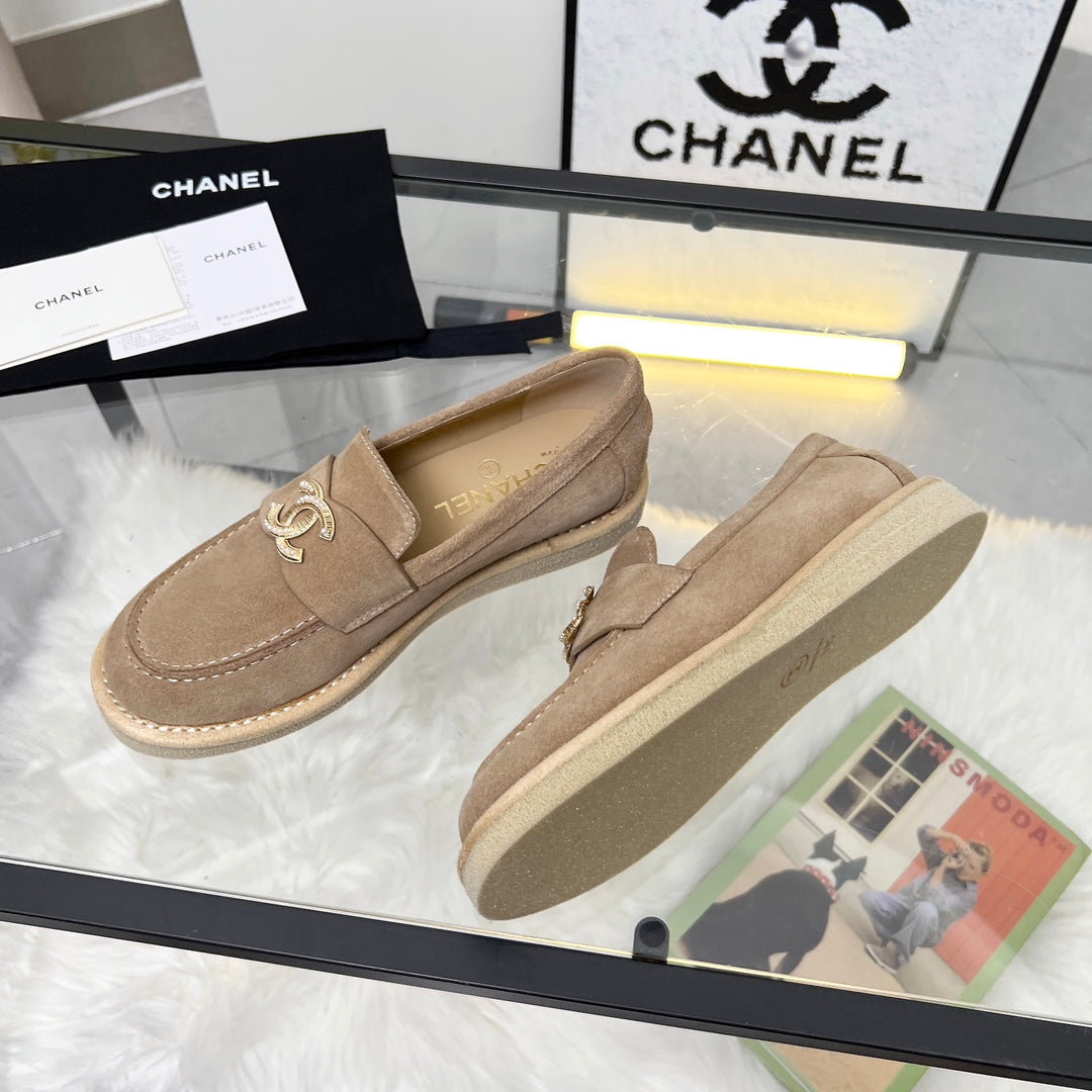 CHANEL PEARL LOGO LOAFERS IN CINNAMON BROWN SUEDE