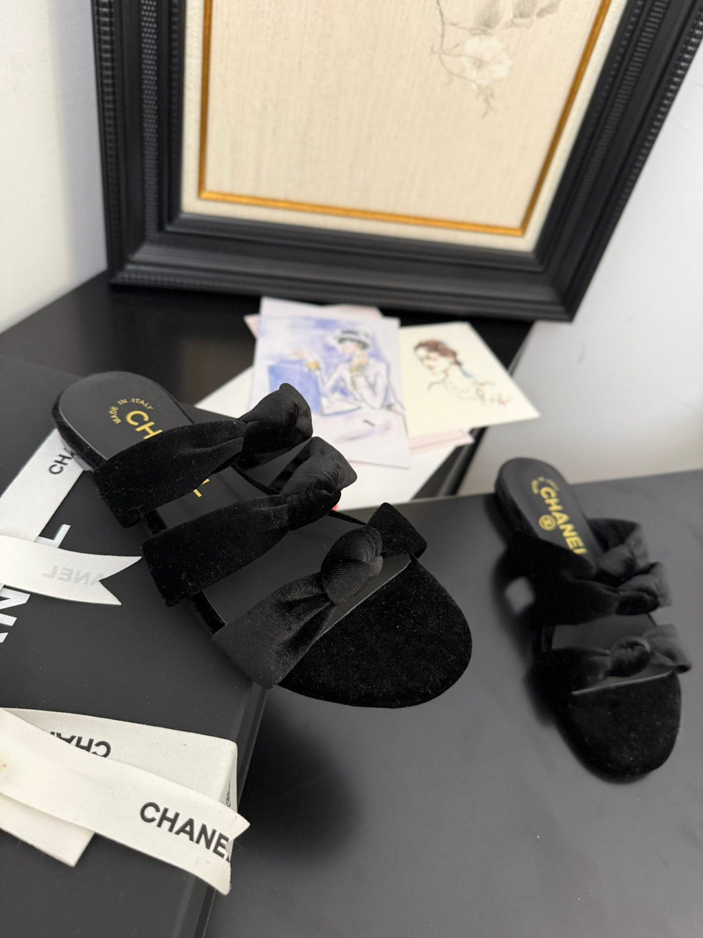 CHANEL 25C Three Strap Mule Black Velvet fabric 233559