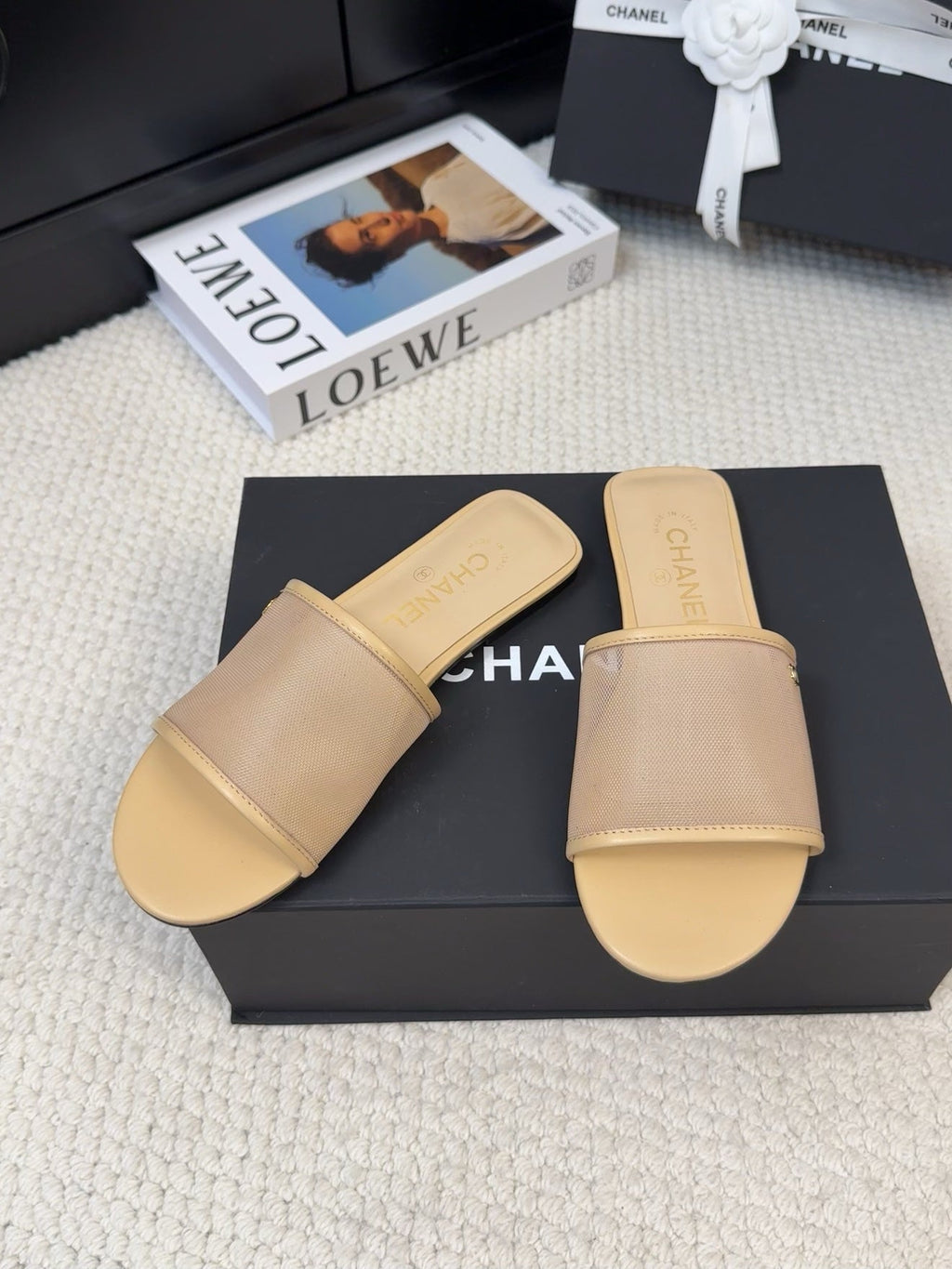 CHANEL FLAT SLIDE IN FLAX YELLOW MESH AND SUEDE