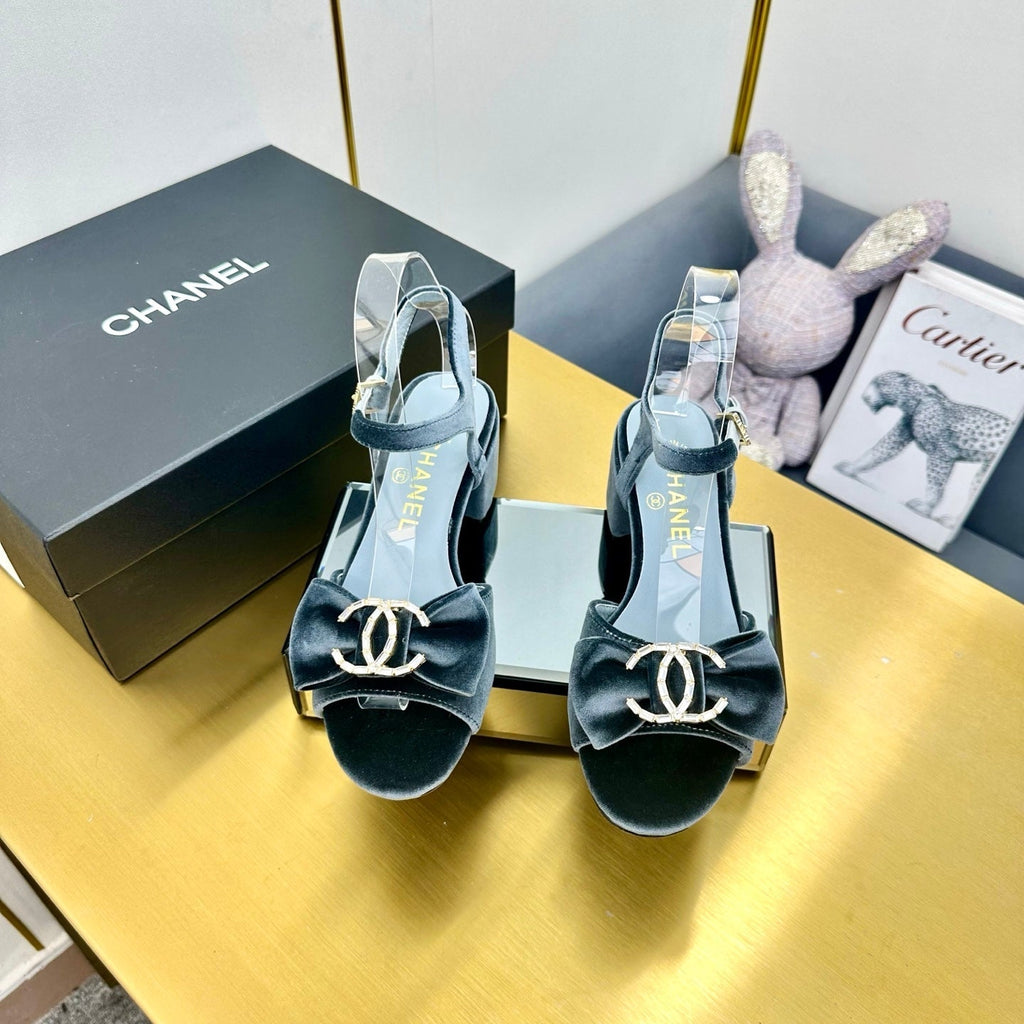 CHANEL BOWKNOT RHINESTONES MID HEEL SANDAL IN STONE BLUE VELVET