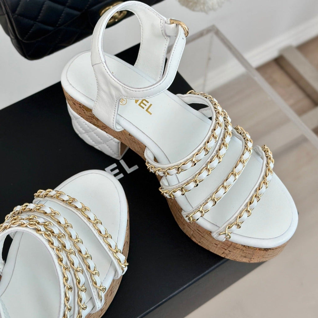 CHANEL Double C Wooden Chain Platform Block Heel Sandals White