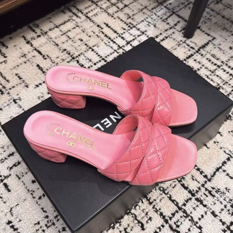 CHANEL MID HEEL MULES IN BRIGHT PINK SHEEPSKIN